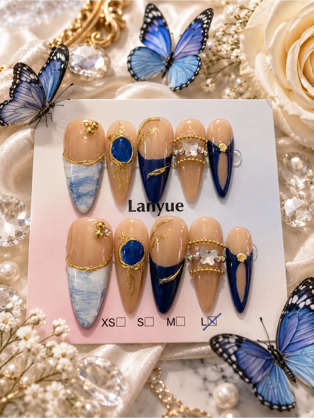 Neutral & Navy Stiletto Press-On Nails with Gold Accents